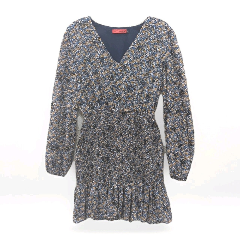 Cottagecore Floral Dress Size XL V-Neck Shirred Hip Ruched Hem Knee Length Blue